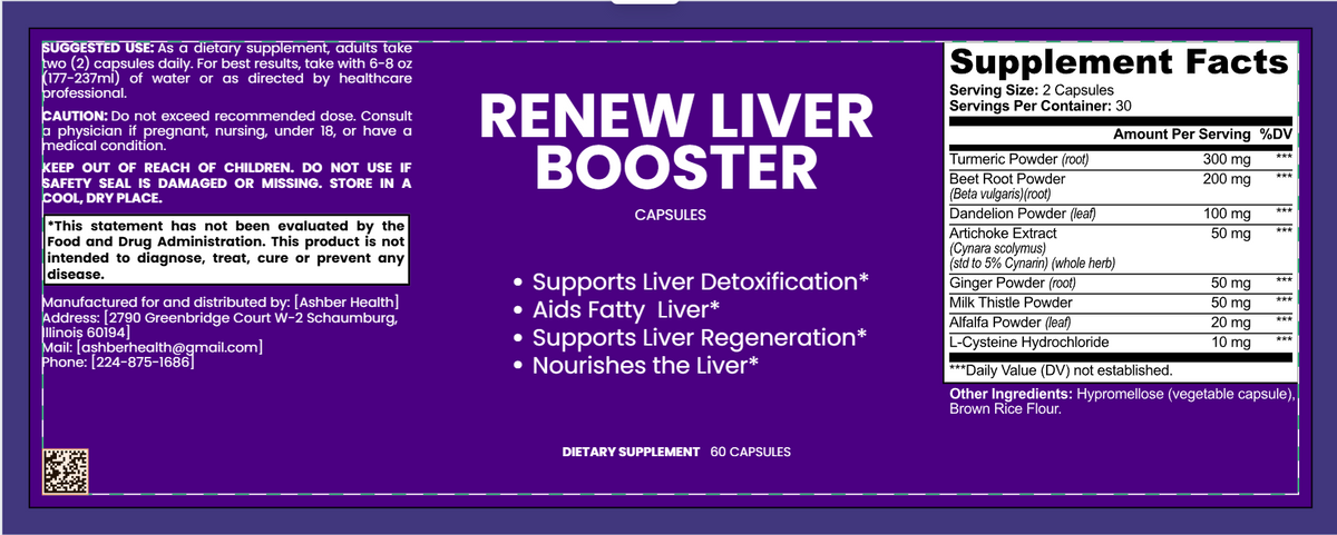 Renew Liver Booster digestive support supplement bottle with label and capsules, promoting liver health and detoxification.