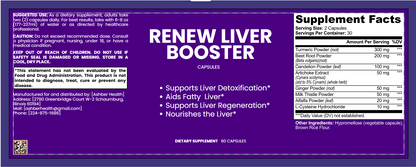 Renew Liver Booster digestive support supplement bottle with label and capsules, promoting liver health and detoxification.